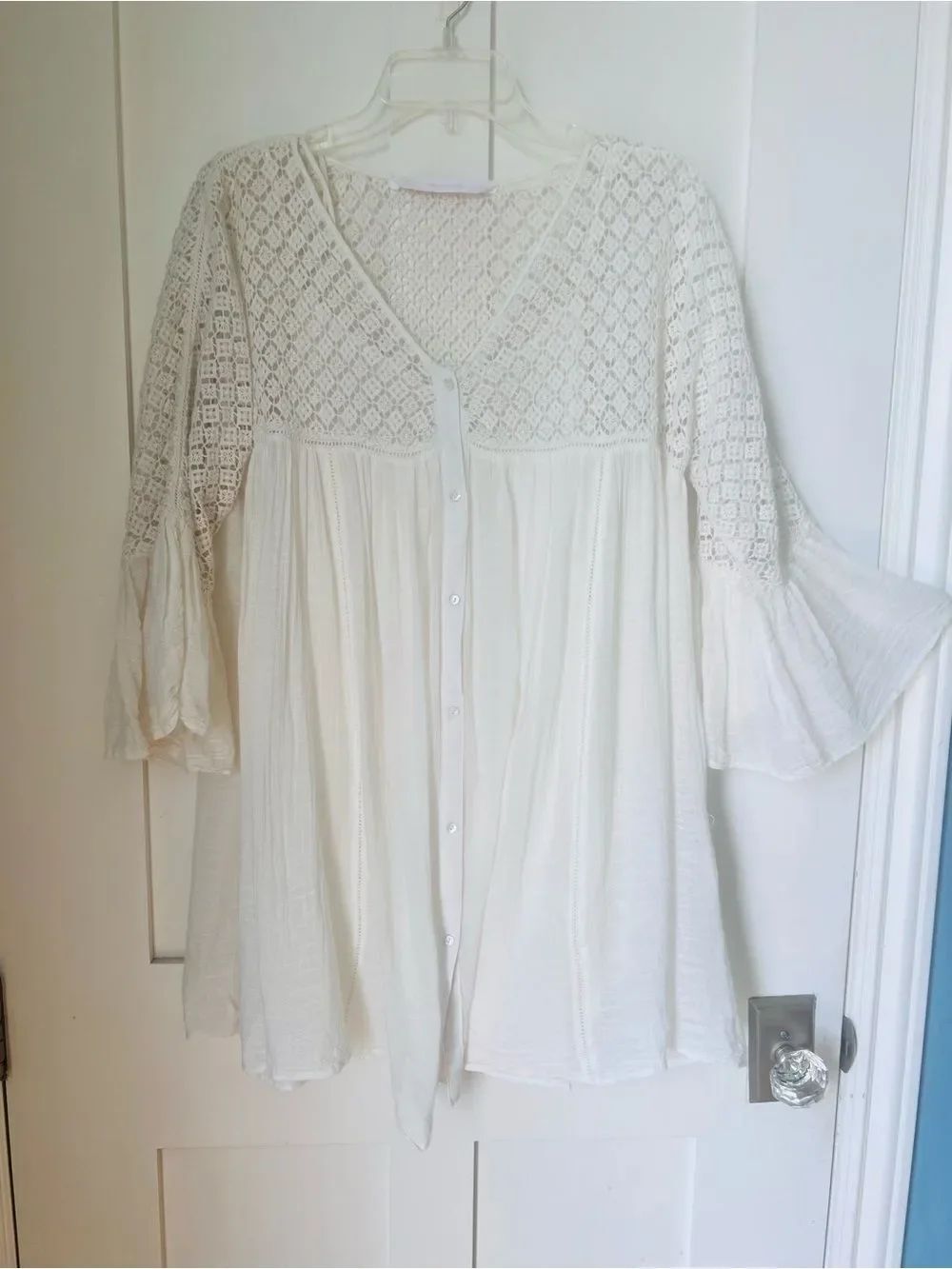 Zara 100% Cotton Cream Crochet BohoTunic Flowy Bell Sleeve Cottagecore Blouse XS - Picture 10 of 13